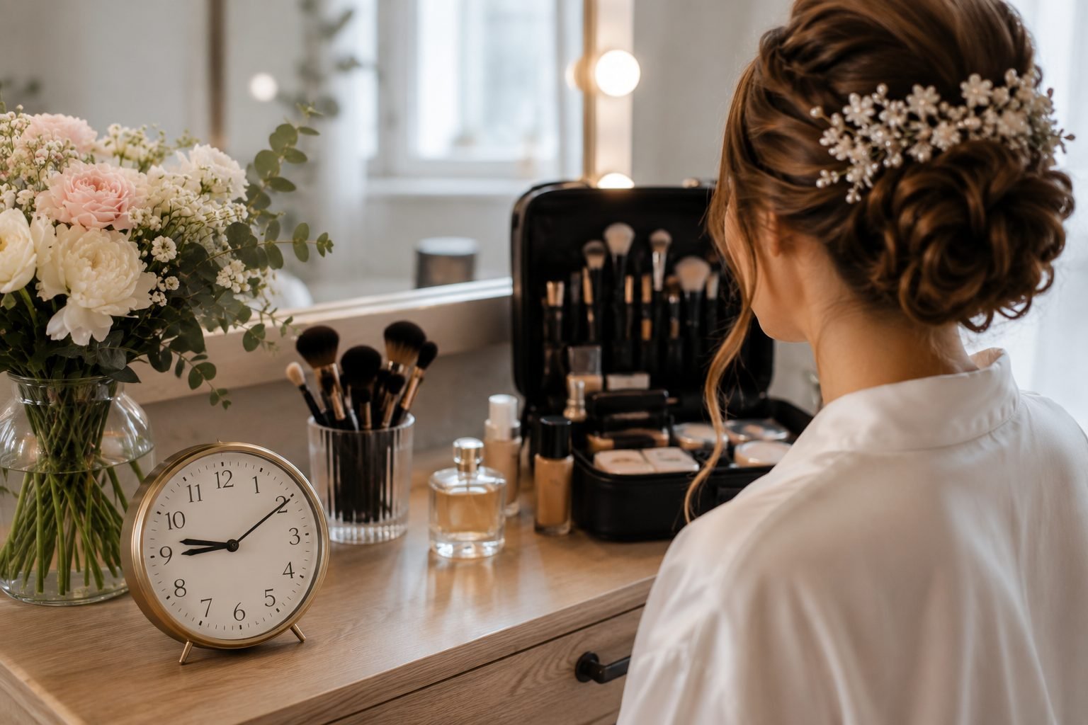 Braut Make-Up Zeitplan Hochzeitsmorgen – Braut mit Uhr am Schminktisch, Getting Ready Vorbereitung
